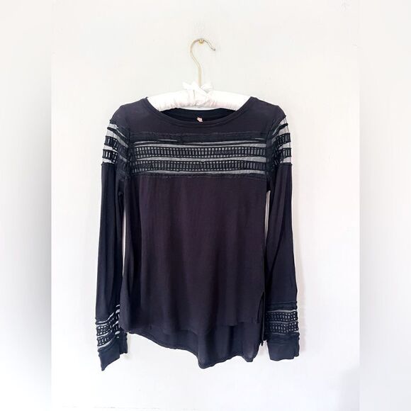 Free People Black Mesh Inset Roxie Shirt - Picture 2 of 6